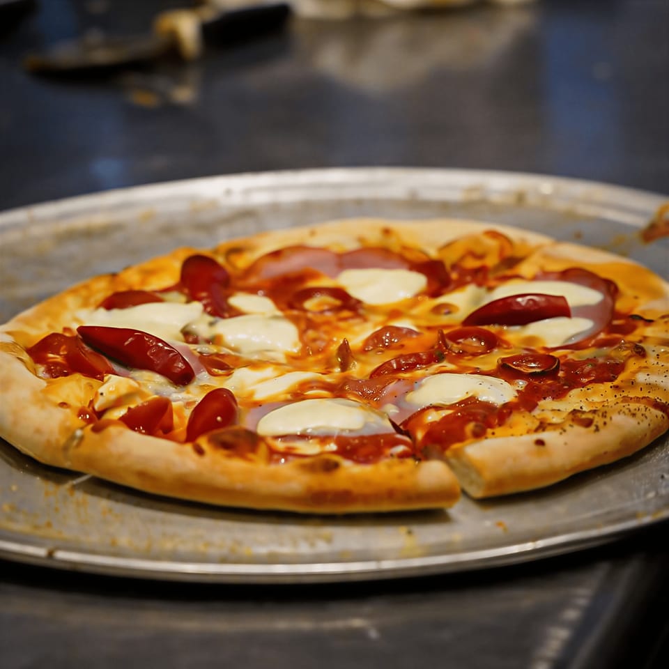 Freshly baked pizza with red sauce, melted mozzarella, pepperoni, and red onions on a metal pan.